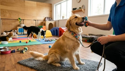 Golden retriever heureux en garde à la journée — Day Sitting Cabane à Câlins