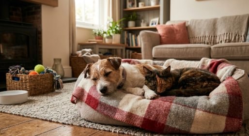 Chien et chat blottis ensemble dans un panier douillet — hébergement complet Cabane à Câlins