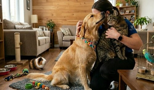 Gardienne câlinant un chien et un chat à domicile — Home Sitting Cabane à Câlins