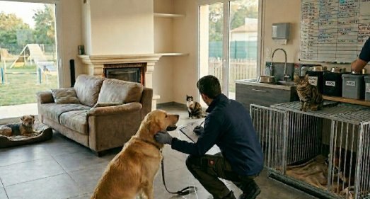 Éducateur professionnel avec un golden retriever dans un espace familial organisé — Cabane à Câlins